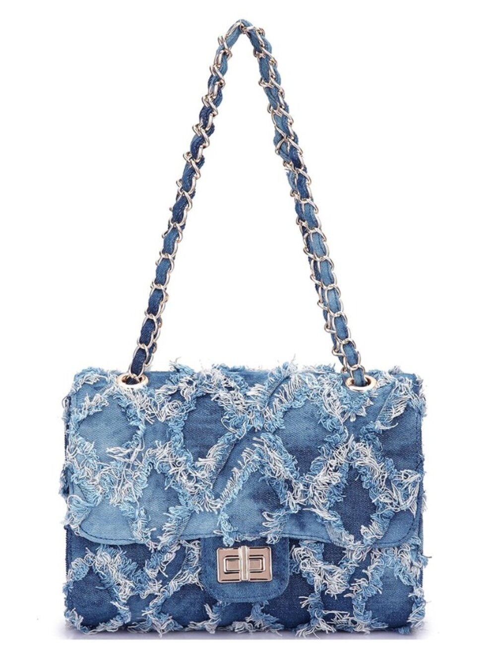 Women Denim Handbag Quilted Shoulder Purse with Chain Strap Twist Lock